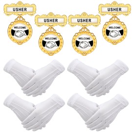 Liliaafar 4 Sets Usher Badges with 4 Pairs White Cotton Gloves Reusable Church Usher Badges Tags Welcome with Pin on Back Bulk for Church Uniform Gatherings Supplies Fancy Round Brass