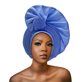QliHut Nigerian Gele Headties with Beads and Stones African Headtie Women Head Wrap Already Made Auto (Sky blue)