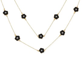 Fashion Black Enamel Flower Long Wrap Layer Gold Plated Crystal Accent Station Chain Wrap Layer Clover Necklace for Women 36 Inch