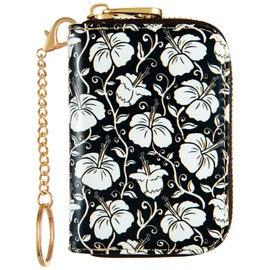 Credit Card Holder for Women, RFID Card Holder Wallet - Slim Leather Zipper Card Case - Ladies Small Keychain Wallets (Monochrome Hibiscus)