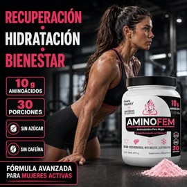 Aminoácidos para Mujer AminoFem, Mezcla de 10 g con BCAA y Glutamina para Recuperación Muscular, Electrolitos Mg/K/Na, Myo-Inositol, Vitaminas C y B9,