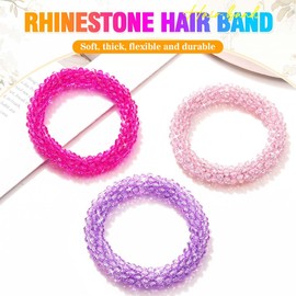 Reaky Haargummis mit Strasssteinen, Champagner, elastischer Pferdeschwanzhalter, Perlen-Set, Haarbänder, vergoldete Kristall-Haargummis, 3-teilig, dehnbare Haar-Accessoires für Damen (Rosa)