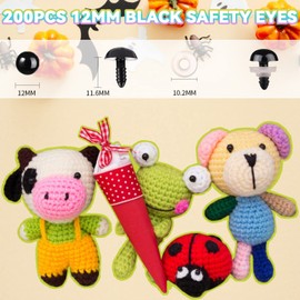 MUCUNNIA Pack of 200 12mm Safety Eyes for Crochet Animals with Washers Amigurumi Eyes for Crochet Animals Plastic Black Safety Eyes for Crochet Crafts Safety Eyes for DIY Crochet