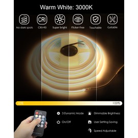 ALITOVE COB LED Strip Lights with Remote Warm White 3000K Dimmable LED Tape Light CRI90+ 32.8ft High Density 3200LEDs Flexible 24V COB Led Lights for Bedroom Cabinet Home Indoor Lighting Decoration
