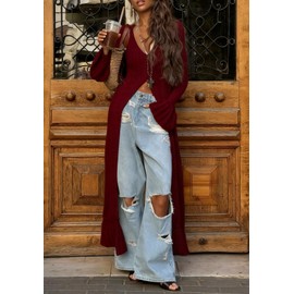 LETSVDO Crochet Cardigans for Women Oversized Button Up Knitted Sheer Floor Length Boho Summer Kimono Cardigan Sweaters
