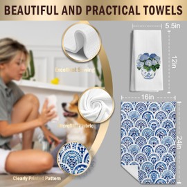 LUKIPOM Chinoiserie Hydrangea Floral Kitchen Towels Set of 4, Blue and White Porcelain Decorative Dish Tea Towels for Kitchen, Grandmillennial Floral Hand Towels for Bathroom Decor, 16x24 Inches