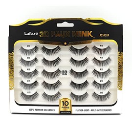 Laflare Premium Silk Lashes 3D Faux Mink Eyelashes Multipack, Light, Natural Looking, Professional Easy to Apply Eyelashes in a Knitted Style 10 Pairs Jumbo Pack (A15X10P)