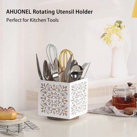 AHUONEL Rotating Utensil Holder for Kitchen Counter, Wood Utensil Organizer Silverware Organizer Rustic Cutlery Holder Utensil Crock, White Flatware Organizer Utensil Caddy for Forks, Spoons, Knives