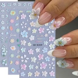 Flower Nail Stickers for Nail Art 5D Embossed Flower Nail Decals Self-Adhesive Daisy Floral Design Sticker Summer Spring Nails DIY Manicure Decoration Accessories for Women Acrylic Nails