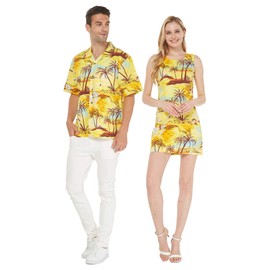 Couple Matching Hawaiian Luau Cruise Outfit Shirt Tank Dress Sunset and Dolphin Yellow Men XL Women 2XL