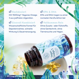 Omega 3 Vegan - Hochdosiert aus Algenöl - 1500mg pro Tagesdosis mit EPA 225mg und DHA 450mg - 90 vegane Softgel-Kapseln - leicht zu schlucken - für Veganer geeignet, nachhaltig - Alpha Foods