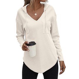 Zeagoo Hoodie Women Waffle Sweatshirts Long Sleeve Sweaters Pullovers Fashion V Neck Top Teen Girls Beige L