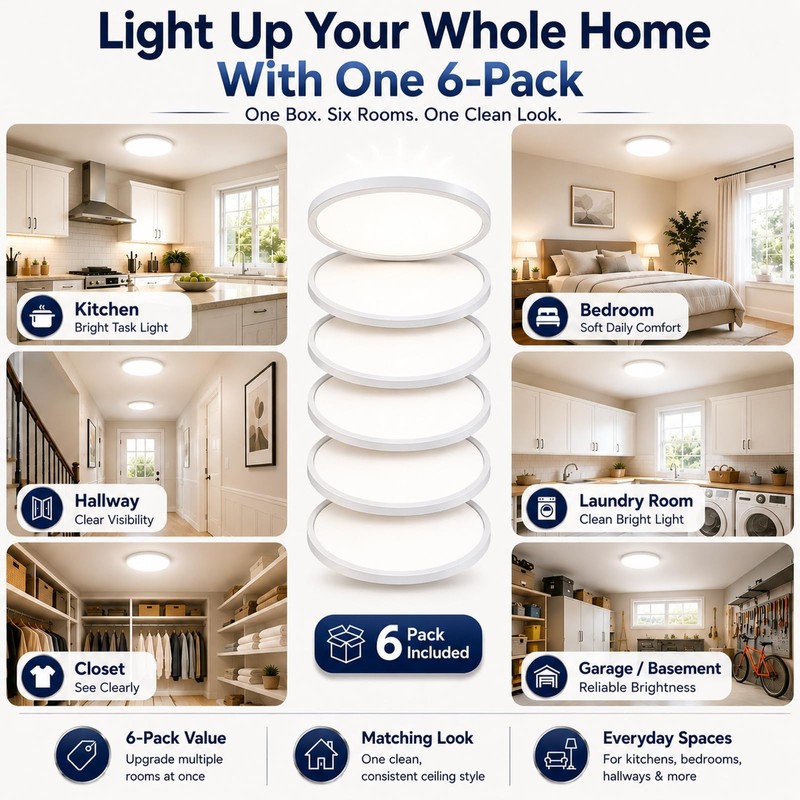 6Pack 3200LM Dimmable LED Flush Mount Ceiling Lights, 12 Inch