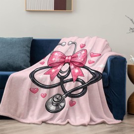 Nurse Blanket Gifts for Women Girls Kids, Soft Warm Lightweight Pink Bow Stethoscope Medical Throw Blankets for Living Room Sofa Home Bedroom Decor 50" x 60"
