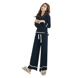 DEEPEYES Women's Pajamas, Room Wear, 100% Cotton, V-Neck, Long Sleeve, Top and Bottom Set, Loungewear, Spring, Autumn, Winter, navy