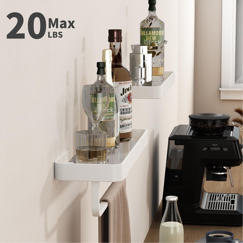 Danpoo 16-Inch White Floating Bathroom Shelves with Towel Bar， Clear