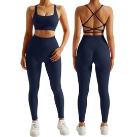 RXRXCOCO Ribbed Gym Sets for Women 2 Piece Tummy Control Workout Set Seamless Sports Outfit Activewear Sets