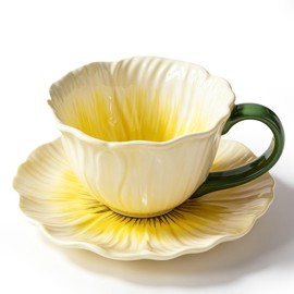 Decorative Ceramic Flower Coffee Cup Set, 5.5 Inch, Peony Floral Design, Serving Dish for Desserts and Fruits, Elegant Tableware (Yellow)