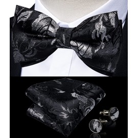 DiBanGu Mens Black Silver Pre-Tied Bow Tie Adjustable Bowtie with Pocket Square Cufflinks Formal for Wedding Tuxedo