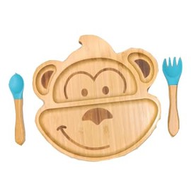 Baby & Toddler Bamboo Suction Plate Set for Feeding and Weaning - Monkey Design by Bamboo Gift Co (Baby Blue)