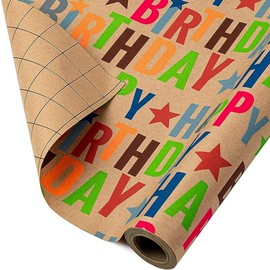 BIOBROWN Kraft Wrapping Paper Roll Colorful Text Happy Birthday Design Perfect for Birthday Holiday Wrap 17 inch X 33 feet
