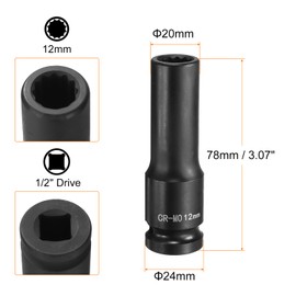HARFINGTON 12-Point Deep Impact Socket 1/2 Inch Drive 12mm Metric Chrome Molybdenum Alloy Steel Spindle Axle Nut Impact Socket