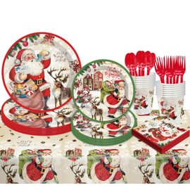 Christmas Party Decorations, Merry Christmas Party Supplies for 16 Guests, Jumbo Tablecloth, Party Plates, Napkins, Cups, 97pcs