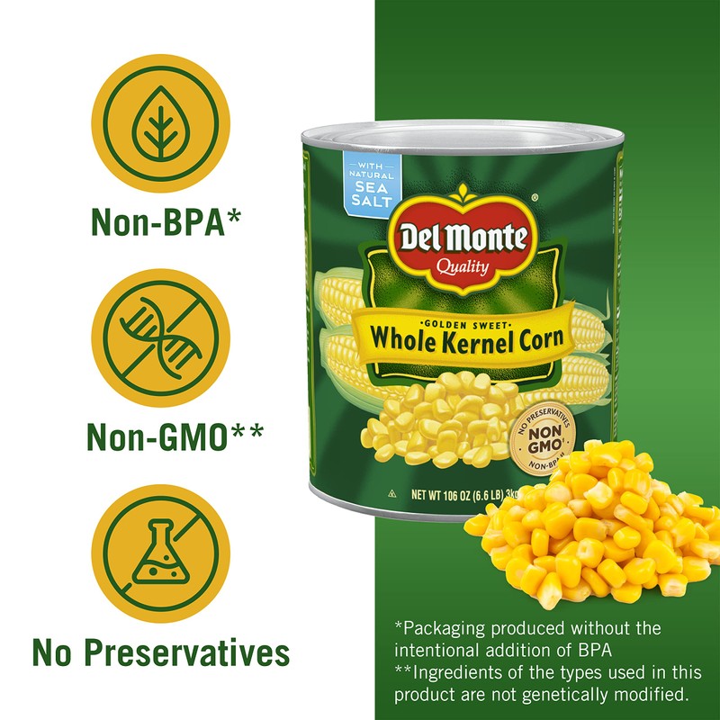 DEL MONTE Golden Sweet Whole Kernel Corn, Canned Vegetables, 6