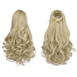 FESHFEN Ponytail Hair Extension with Drawstring 38 cm Wavy Curly Synthetic Hair Extension Clip in Hairpiece Ponytail Synthetic Hair Braid for Women Ash Blonde