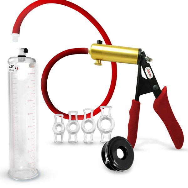LeLuv Premium Ultima Brass Adult Penis Pump Kit, Red w/Silicone Grips, Silicone Hose - TPR Seal, 4 Constriction Rings - 9" x 2.00" Cylinder