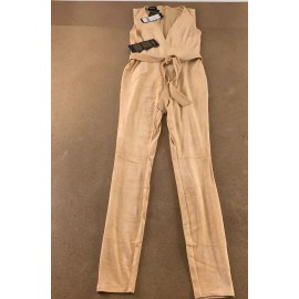 Bebe Women's Small Desert Mist Faux Suede Sleevless V Neck Belted Catsuit NWT