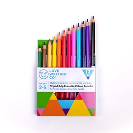 Love Writing Co. Erasable Colouring Pencils for Children | Ages 2-5 | Pack of 12 Easy Tripod Pencil Grips for Children | Soft & Vibrant Chunky Pencils For Colouring | Designed for Children's Hands