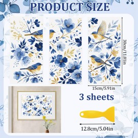 Rub On Transfers for Crafts, 3pcs Vintage Branches and Birds Transfers UV DTF Stickers Waterproof Decals Furniture for Wood Door Window DIY Home Decor