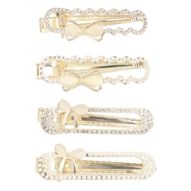 Oblihumoy 4Pcs Rhinestone Pearl Bow Hair Clips For GIrls Women Cute Crystal Barrettes Metal Duckbill Hair Pin Gold Elegant Hair Accessories Bridal,Wedding,Party,Prom