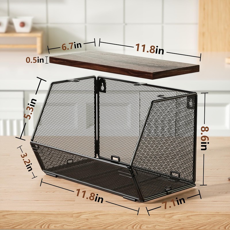 3-Pack Stackable Wire Basket with Wood Lid - Wall Mounted