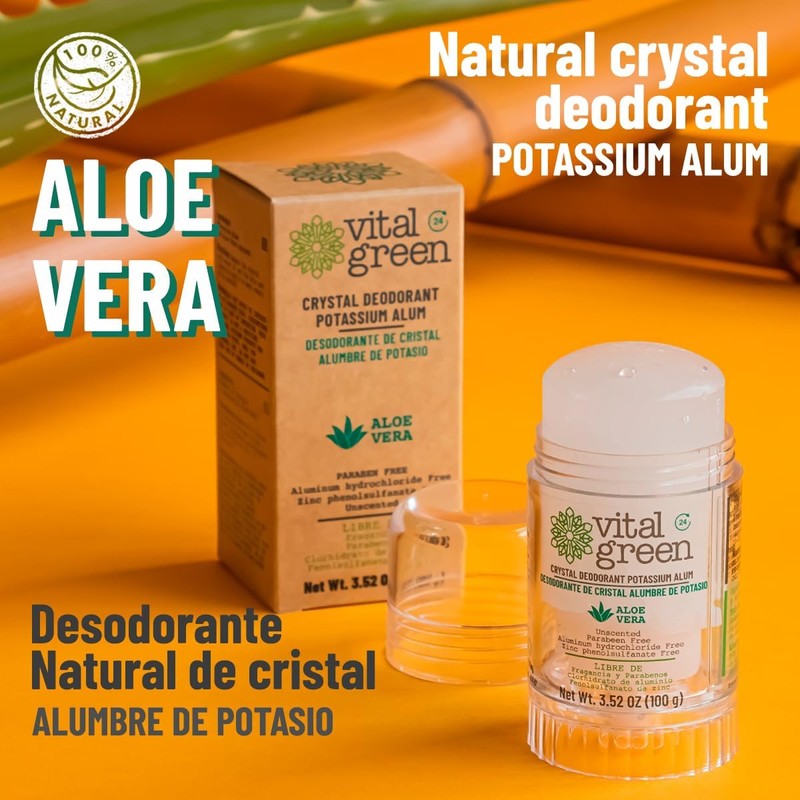 Vital Green Desodorante de Alumbre de Potasio, Aloe Vera, 100g,