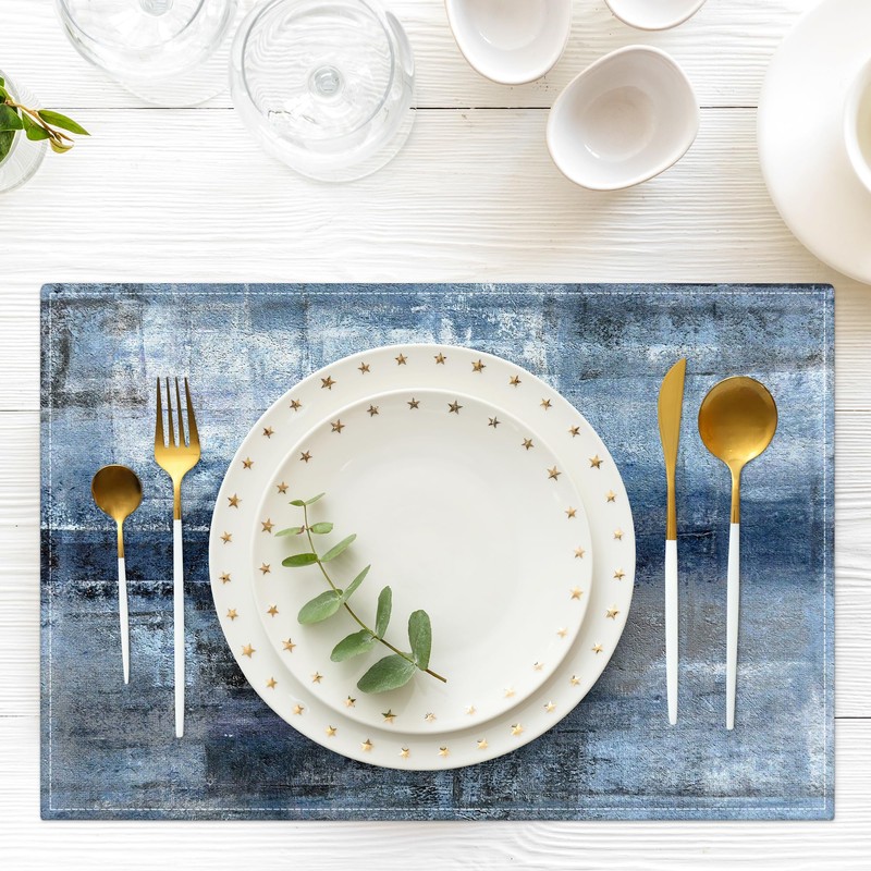 Blue and Gray Placemats Washable, Linen Rectangular Place Mats Set