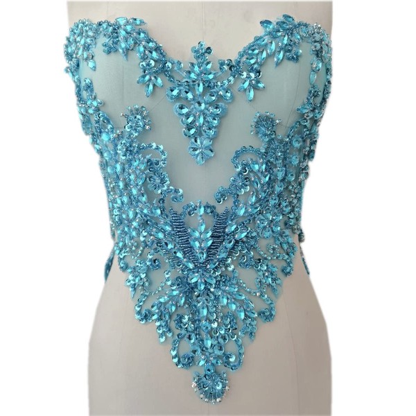 Handmade Rhinestones lace Applique handsewing Beads Sequins Trimming Patches for Dress Clothing Accessories More Colour (Sky Blue)