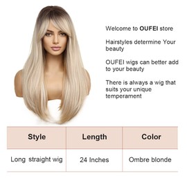 OUFEI Long Straight Blonde wig with Bangs Side Parting Natural Synthetic Hair Layered Wigs with Dark Roots for Women Daily Party Use-24 Inches