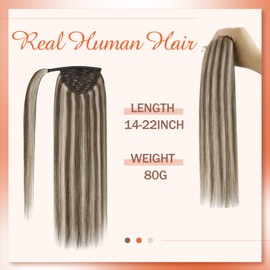 Sunny Hair Ponytail Extension Human Hair Wrap Around Ponytail Extension Straight Pony Tails Hair Extensions Clip in Ponytail Hair Extensions for Women 80G Medium Brown Highlight Platinum Blonde 18inch