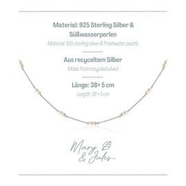 Mary & Jules Women's Pearl Necklace 925 Sterling Silver, Recycled Silver, Choker Necklace Women's with Freshwater Pearls, Length 38 + 5 cm, Women's Necklace with Pearls, Freshwater Pearl Chain,