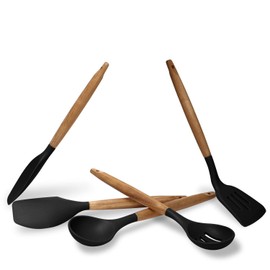 U Chef Utensilios de cocina con mango de madera, utensilios de cocina de silicona, utensilios resistentes y elegantes, espátula y cuchara de cocina