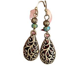 Etched Bronze Teardrop and Teal Bead Earrings. Jewelry Earrings for Women #3298FE3406
