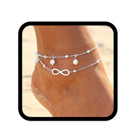 Zoestar Boho Double Anklet Silver Pearl Ankle Bracelet Beads Chain Forever Foot Jewelry for Women and Girls