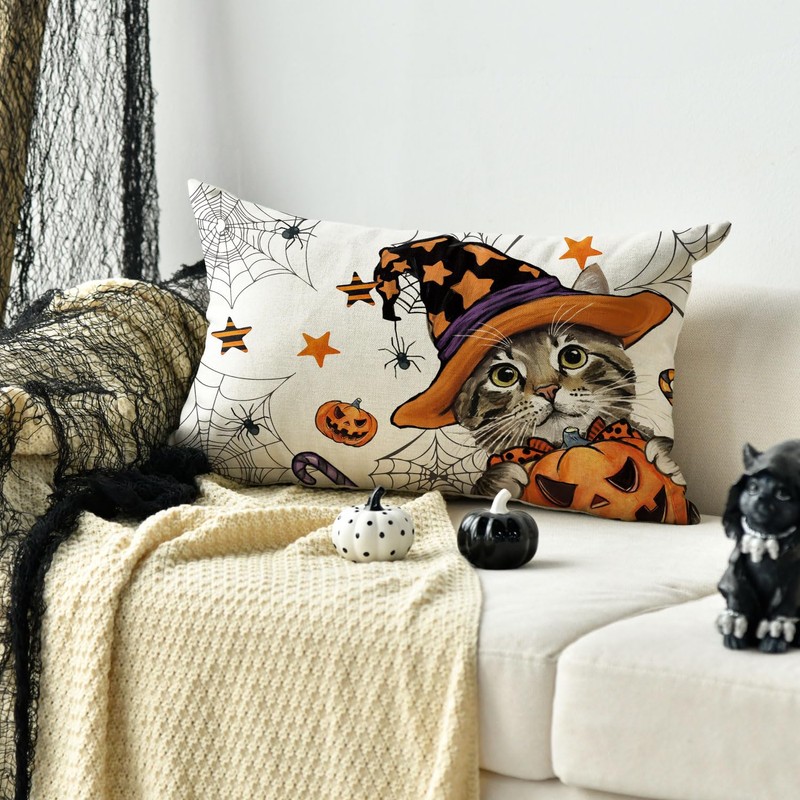 Artoid Mode Cat Jack-O-Lantern Pumpkin Spider Web Halloween Cushion Cover,