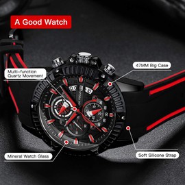 Mini Focus Mens Watches Military Sports Watch (Chronograph/Waterproof/Luminous/Calendar) Silicon Band Quartz Watch for Men (Red-Black)