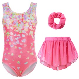 ACOCOPY Leotard for Girls One Piece Gymnastics Outfits Shiny Criss-Cross Back Pink Heart Sequins Print Dancewear Set with Skirt