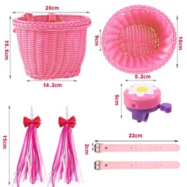 SVNR Kids Bike Basket Set, Bike Basket Kids, Wicker Girl Bike Basket Pink, Bike Handle Bowknot Streamers and Bell, Children Cycling Basket with Spare Leather Straps, Easy Install Detachable