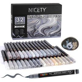 NICETY 32 Colors Acrylic Paint Markers, Paint Pens Brush Tip Water-Based Acrylic Markers for Rock Painting Stone Wood Ceramic (Gray)