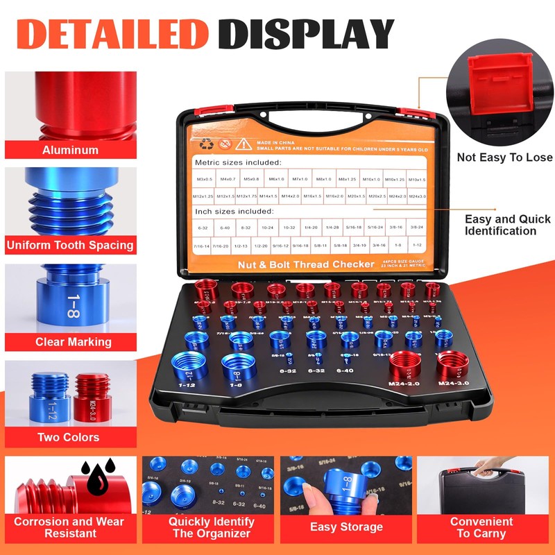 SBGGRL 44 Pcs Thread Gauge SAE and Metric, Nut and